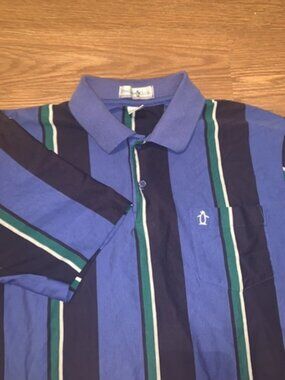 Penguin Club Men’s Short Sleeve Polo Large Blue Green Black Striped VTG Style